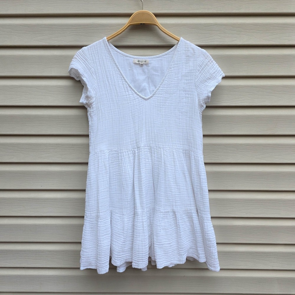 Rip Curl Gauze Mini Dress S White Cotton Tiered Lined‎ Beachy Boho Coastal